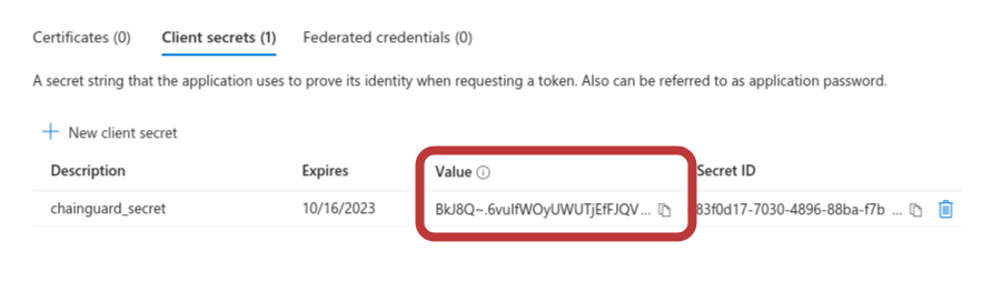 Screenshot showing the client secrets tab, with the Value highlighted in a red circle.