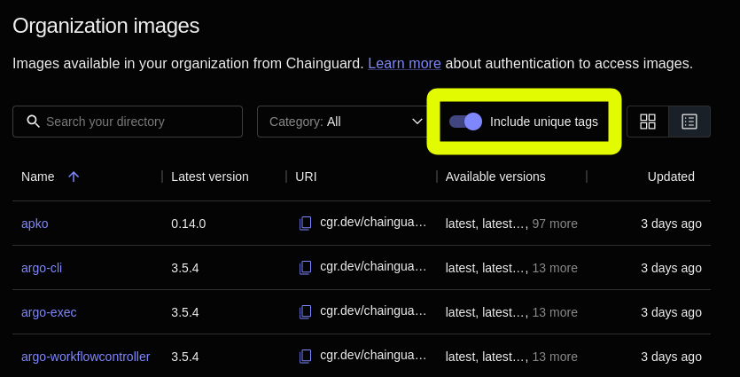 Screenshot of the Organization images page, showing four Images in a table. The &ldquo;Include unique tags&rdquo; button is highlighted with a yellow box.