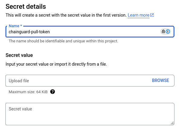 Screenshot of the Google Secret Manager screen, showing the pull token secret configuration.