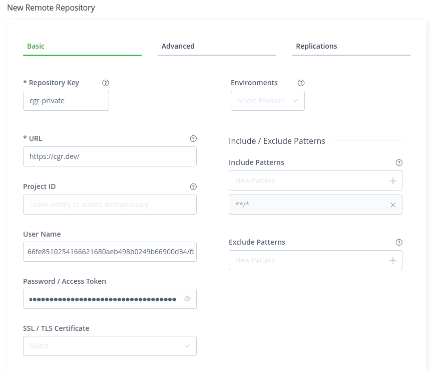 Screenshot of Artifactory&rsquo;s New Remote Repository &ldquo;Basic&rdquo; Configuration tab. The &ldquo;Repository Key&rdquo; field is set to &ldquo;cgr-private&rdquo;, the &ldquo;URL&rdquo; field is set to &ldquo;https://cgr.dev/&rdquo;, the username is set to a long hex value, the &ldquo;Include Patterns&rdquo; section has only the default entry &ldquo;**/*&rdquo;, and the &ldquo;Password / Access Token&rdquo; field is set to a long hidden password.