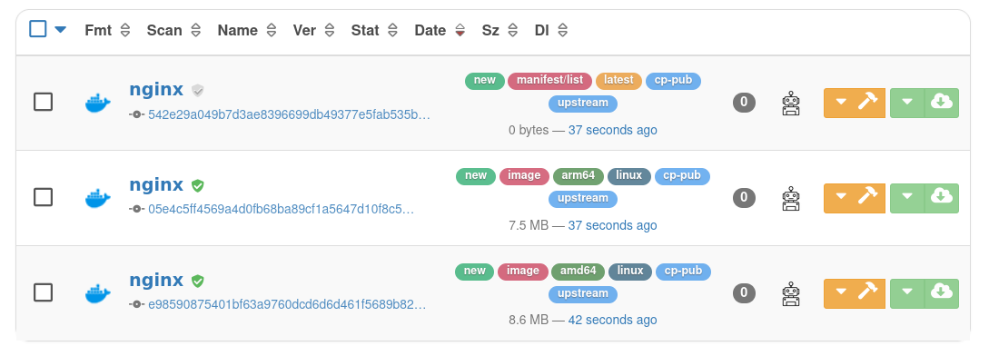 Screenshot of a portion of a Cloudsmith &ldquo;Repository&rdquo; page showing three nginx packages.